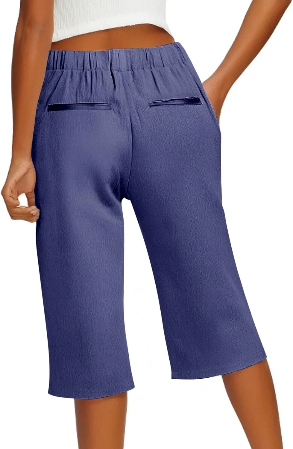 Linen Bermuda Shorts for Women Knee Length Lightweight Casual Capris Pants Ladies Summer Outfits with Pockets