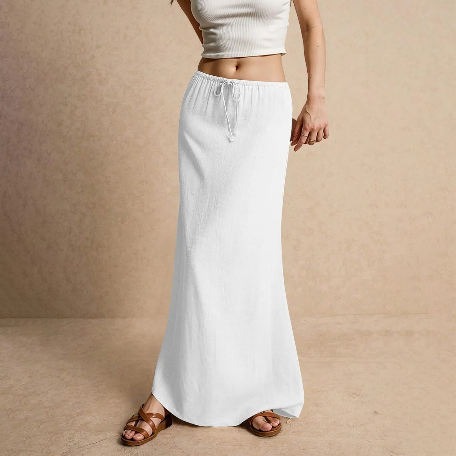 Linen Maxi Skirts for Women Trendy Summer Comfy Drawstring Waist A Line Skirts Cute Vacation Long Flowy Skirts