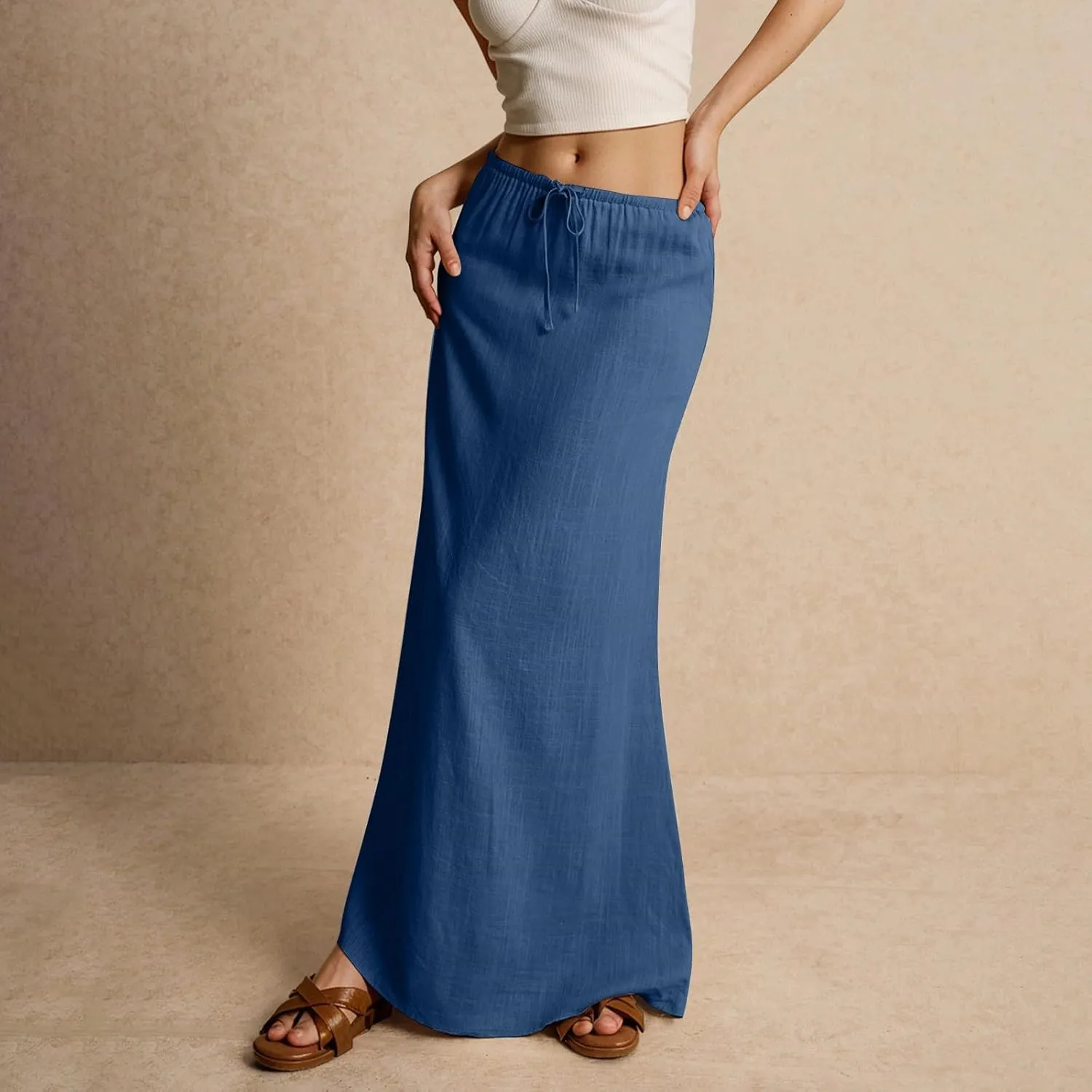 Linen Maxi Skirts for Women Trendy Summer Comfy Drawstring Waist A Line Skirts Cute Vacation Long Flowy Skirts