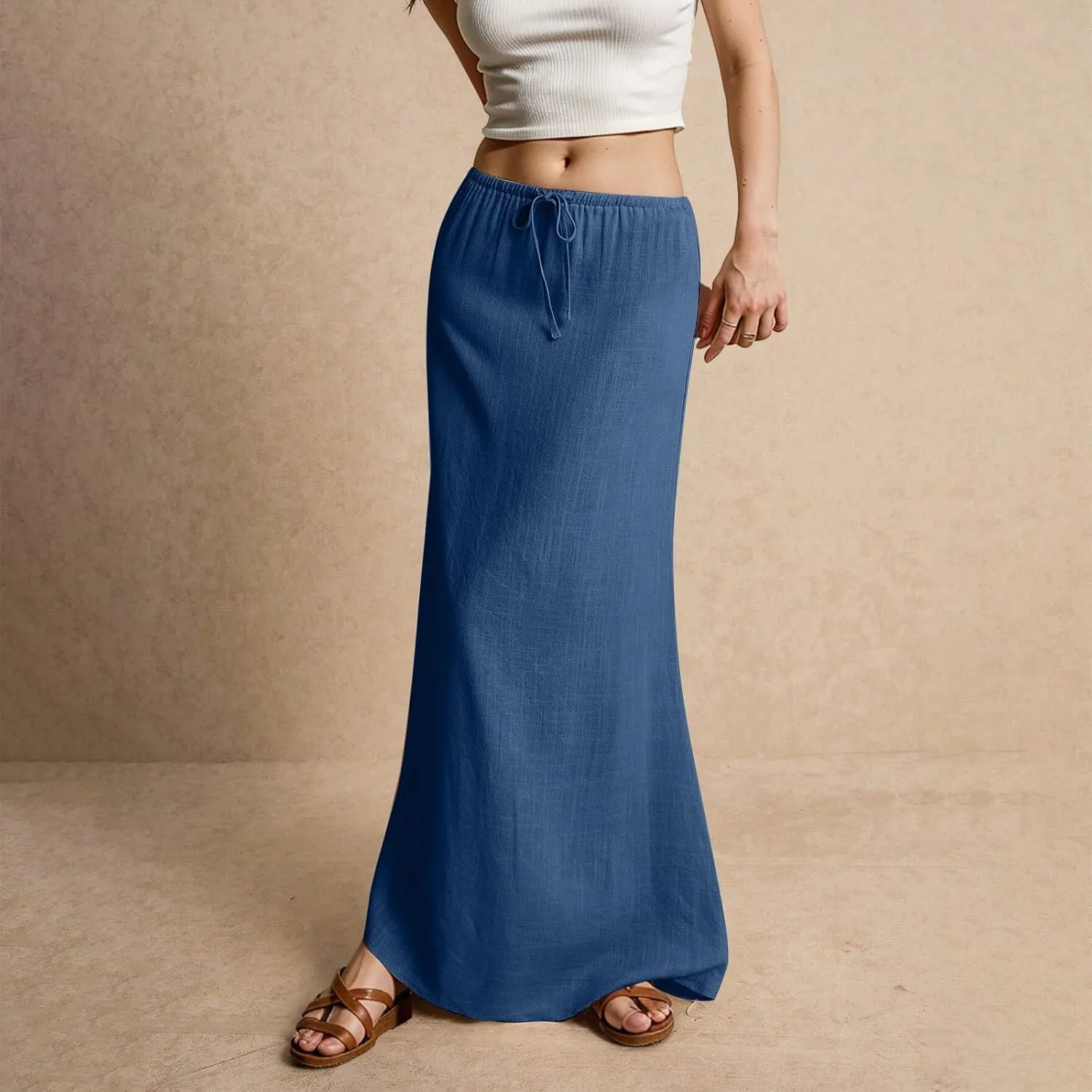 Linen Maxi Skirts for Women Trendy Summer Comfy Drawstring Waist A Line Skirts Cute Vacation Long Flowy Skirts