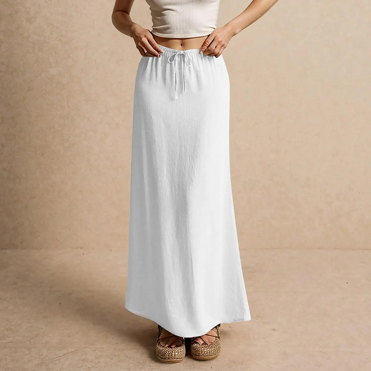 Linen Maxi Skirts for Women Trendy Summer Comfy Drawstring Waist A Line Skirts Cute Vacation Long Flowy Skirts