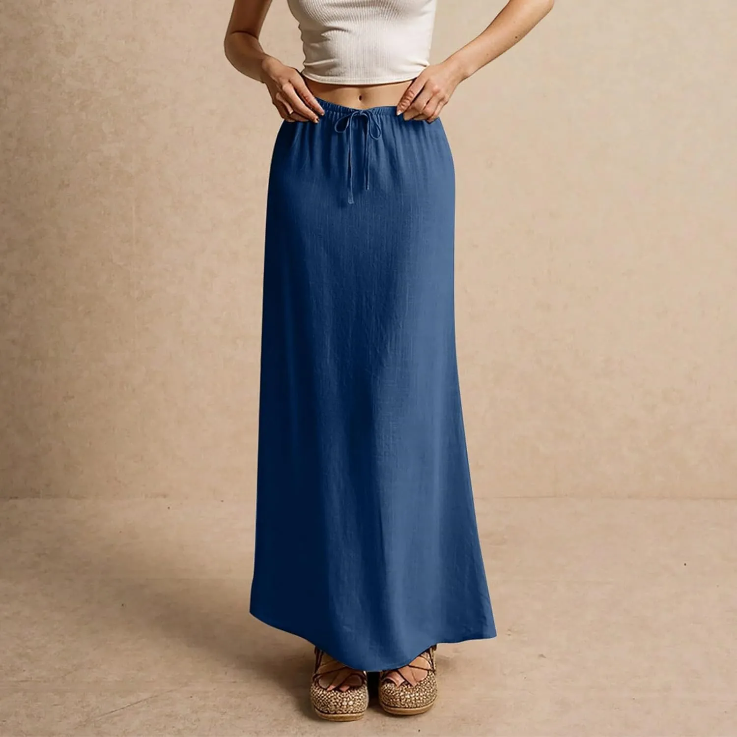 Linen Maxi Skirts for Women Trendy Summer Comfy Drawstring Waist A Line Skirts Cute Vacation Long Flowy Skirts