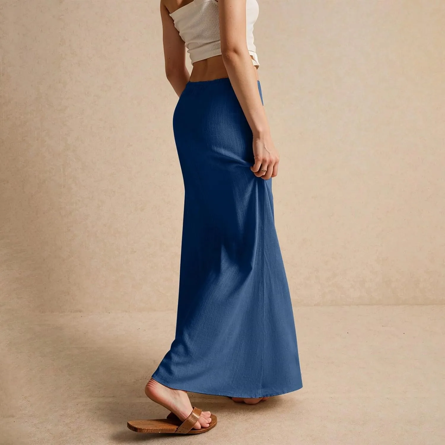 Linen Maxi Skirts for Women Trendy Summer Comfy Drawstring Waist A Line Skirts Cute Vacation Long Flowy Skirts