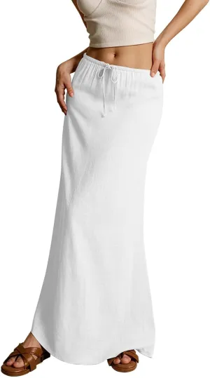 Linen Maxi Skirts for Women Trendy Summer Comfy Drawstring Waist A Line Skirts Cute Vacation Long Flowy Skirts
