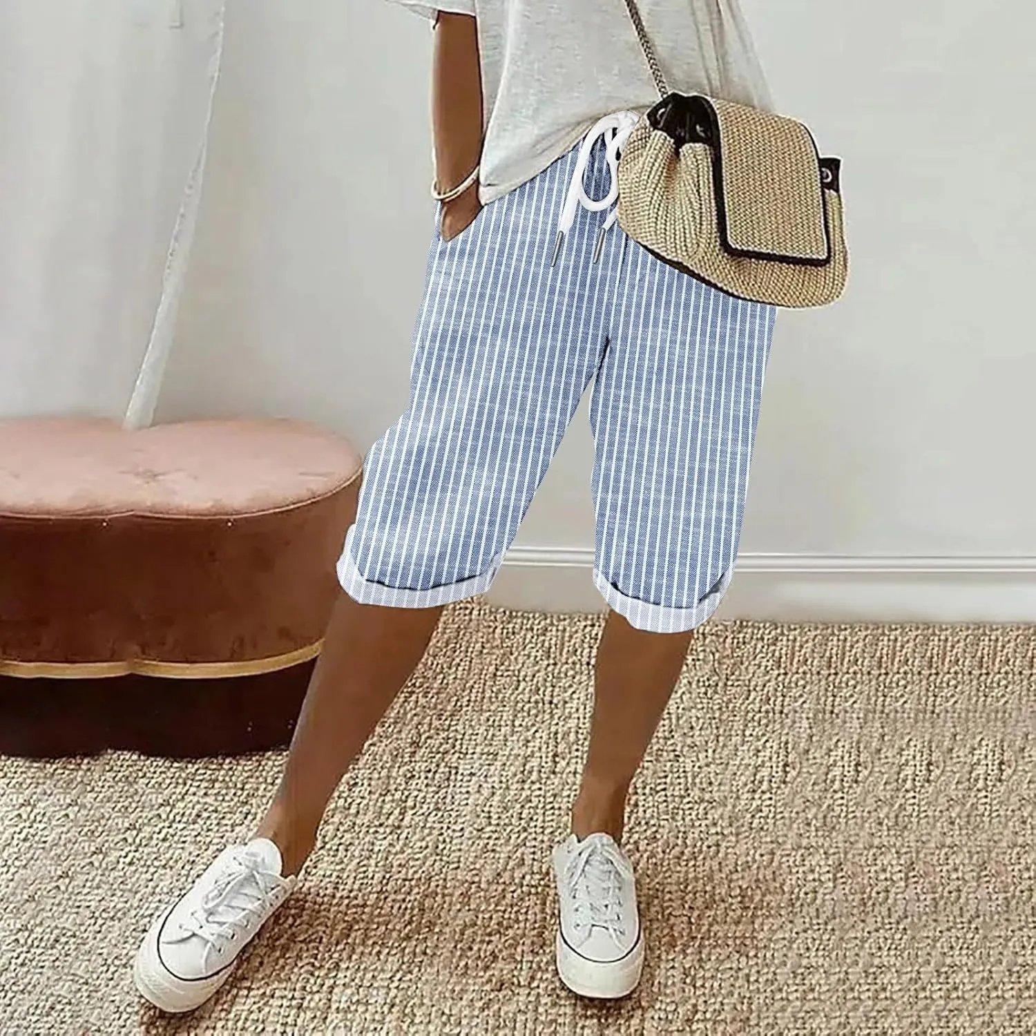 Linen Short for Women Knee Length Casual Striped Bermuda Shorts Summer Elastic Waisted Beach Capri Pant with Pocket