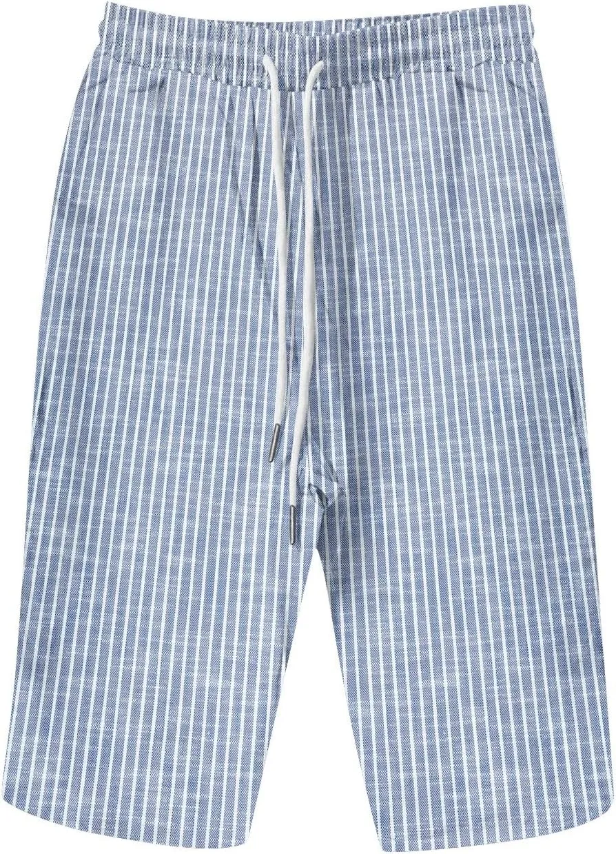 Linen Short for Women Knee Length Casual Striped Bermuda Shorts Summer Elastic Waisted Beach Capri Pant with Pocket