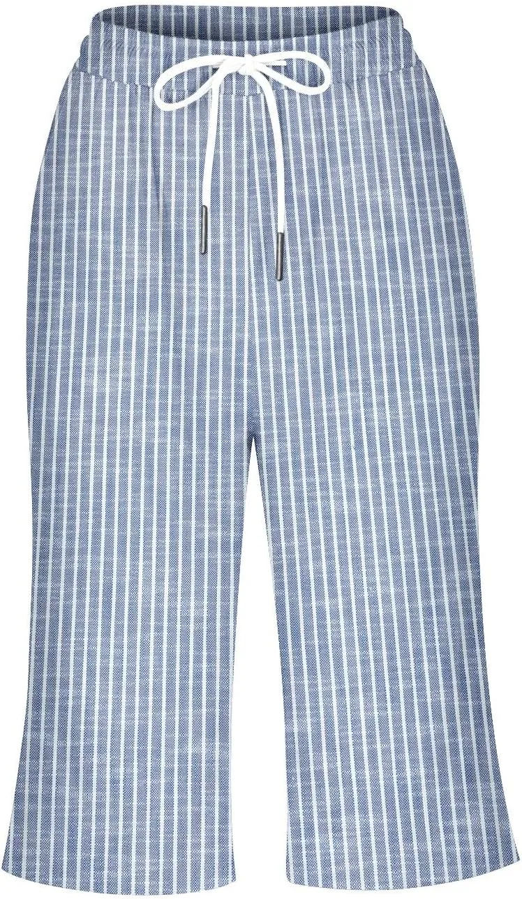 Linen Short for Women Knee Length Casual Striped Bermuda Shorts Summer Elastic Waisted Beach Capri Pant with Pocket