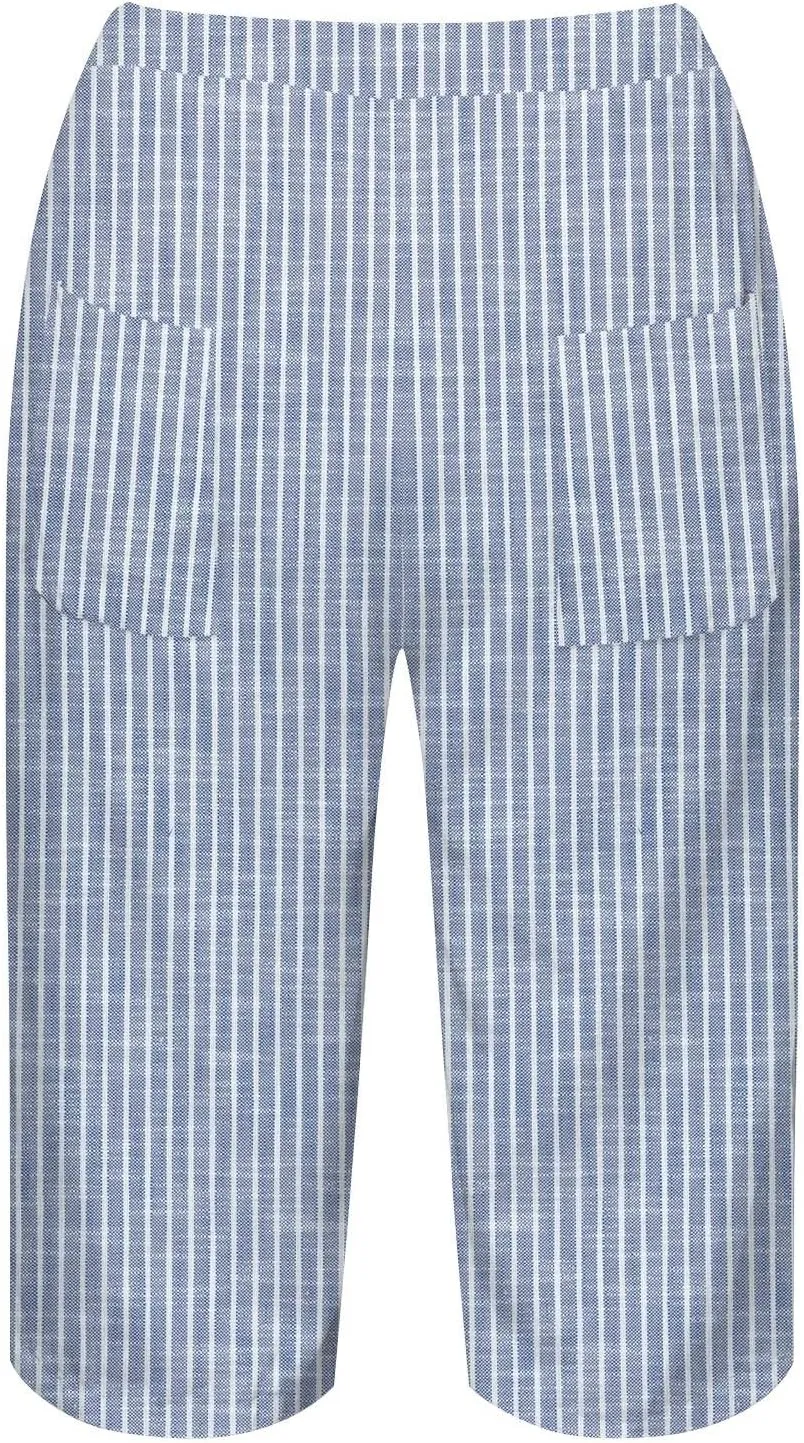 Linen Short for Women Knee Length Casual Striped Bermuda Shorts Summer Elastic Waisted Beach Capri Pant with Pocket