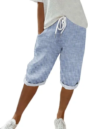 Linen Short for Women Knee Length Casual Striped Bermuda Shorts Summer Elastic Waisted Beach Capri Pant with Pocket