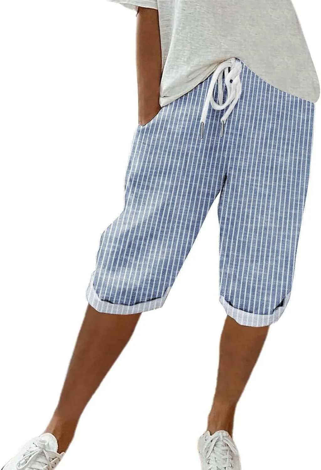 Linen Short for Women Knee Length Casual Striped Bermuda Shorts Summer Elastic Waisted Beach Capri Pant with Pocket