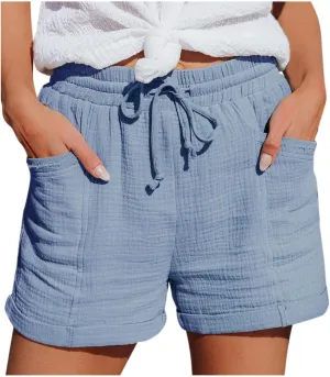Linen Shorts for Women Drawstring Loose Breathable Summer Elastic Waist Casual Lightweight Shorts with Pockets Beach