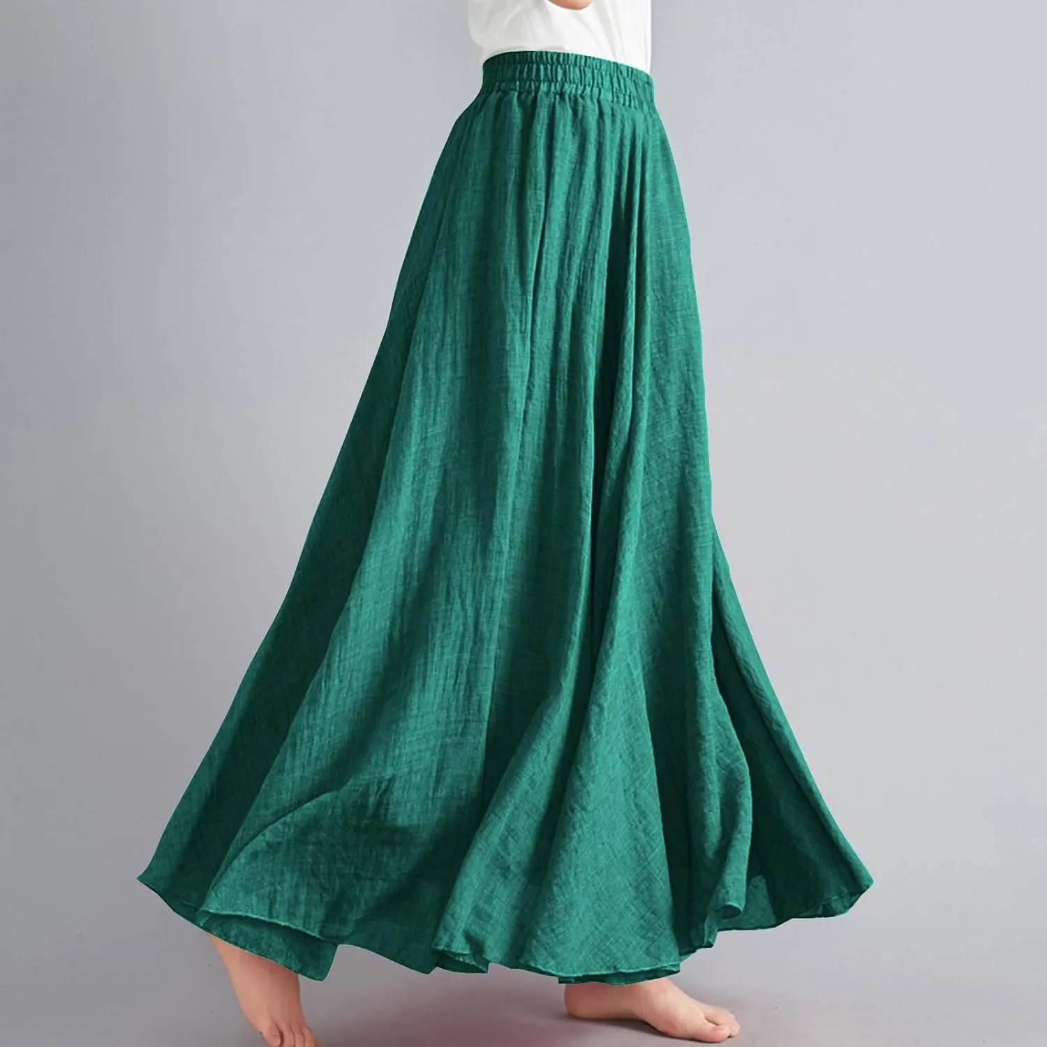 Linen Skirts Women Elastic Waist Boho Skirt Summer Beach Skirts Flowy Vacation Skirts Casual Maxi Skirts A Line Skirt