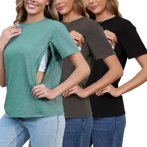 Liu & Qu 3-Pack Breastfeeding Shirts for Women with Hidden Zippers Short Sleeve Maternity Nursing Tops