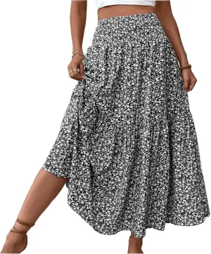 Long Skirts for Women 2025 Summer Floral Print Boho Vacation Skirt Casual Elastic Waist Tiered Skirt with Pocket