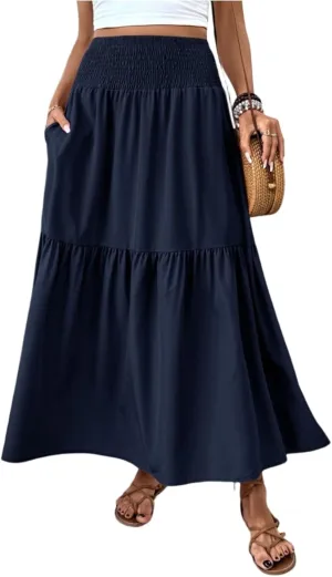Long Skirts for Women 2025 Summer Floral Print Boho Vacation Skirt Casual Elastic Waist Tiered Skirt with Pocket