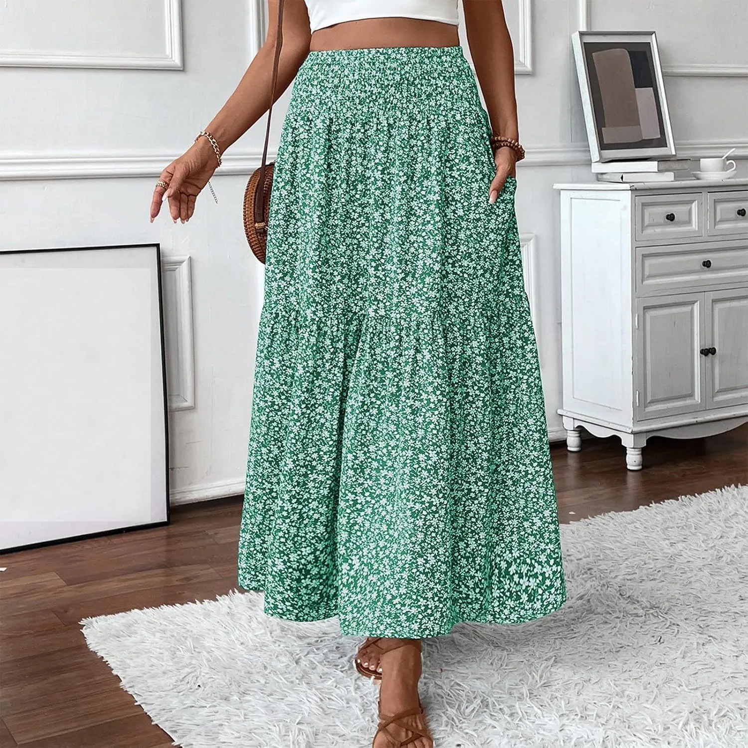 Long Skirts for Women 2025 Summer Floral Print Boho Vacation Skirt Casual Elastic Waist Tiered Skirt with Pocket