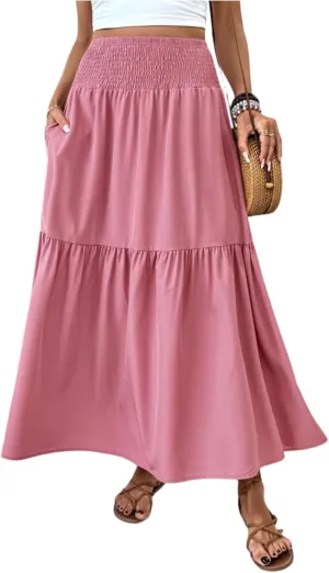 Long Skirts for Women 2025 Summer Floral Print Boho Vacation Skirt Casual Elastic Waist Tiered Skirt with Pocket