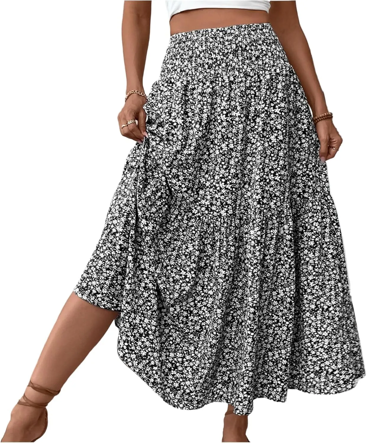 Long Skirts for Women 2025 Summer Floral Print Boho Vacation Skirt Casual Elastic Waist Tiered Skirt with Pocket