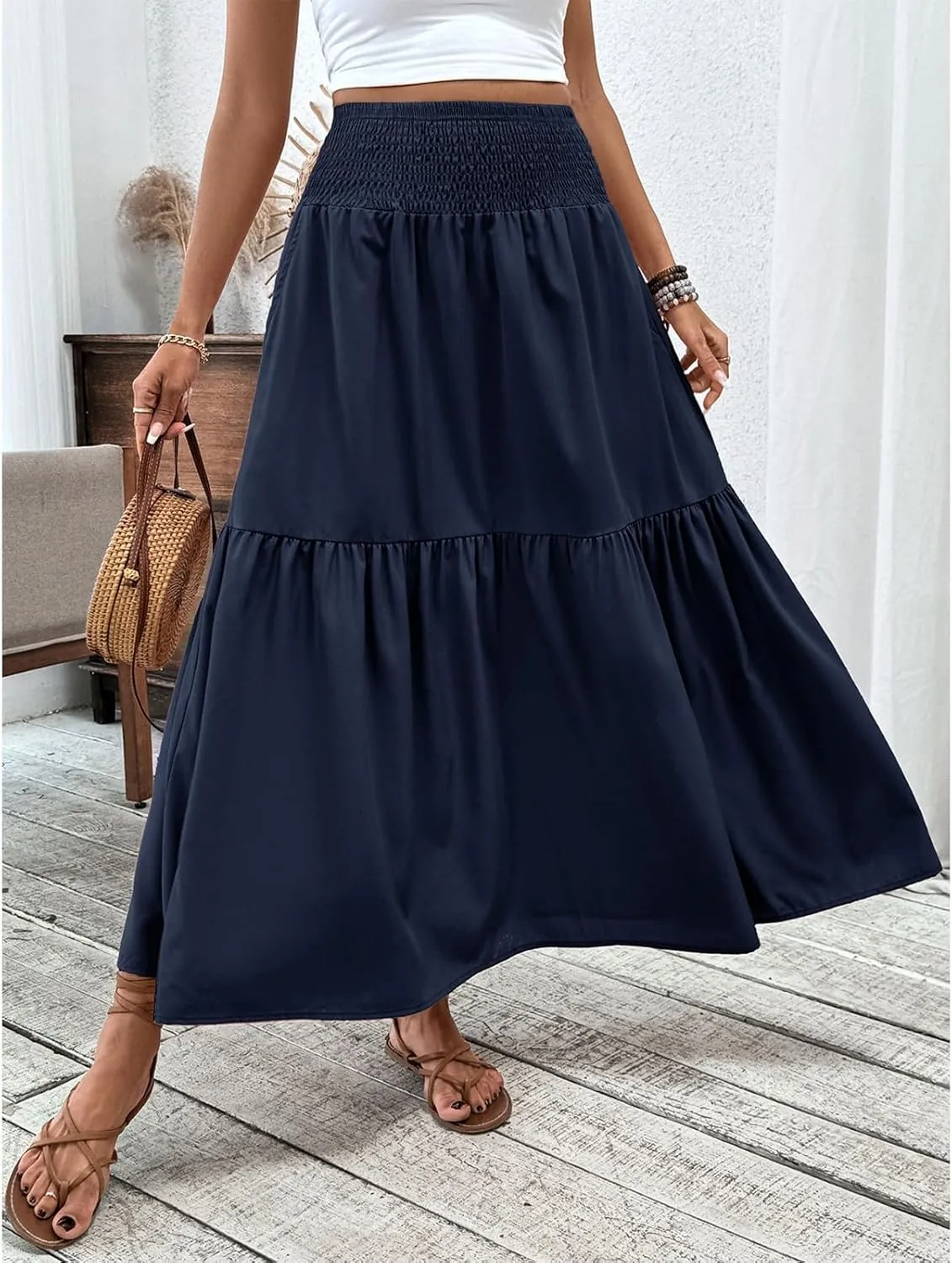 Long Skirts for Women 2025 Summer Floral Print Boho Vacation Skirt Casual Elastic Waist Tiered Skirt with Pocket