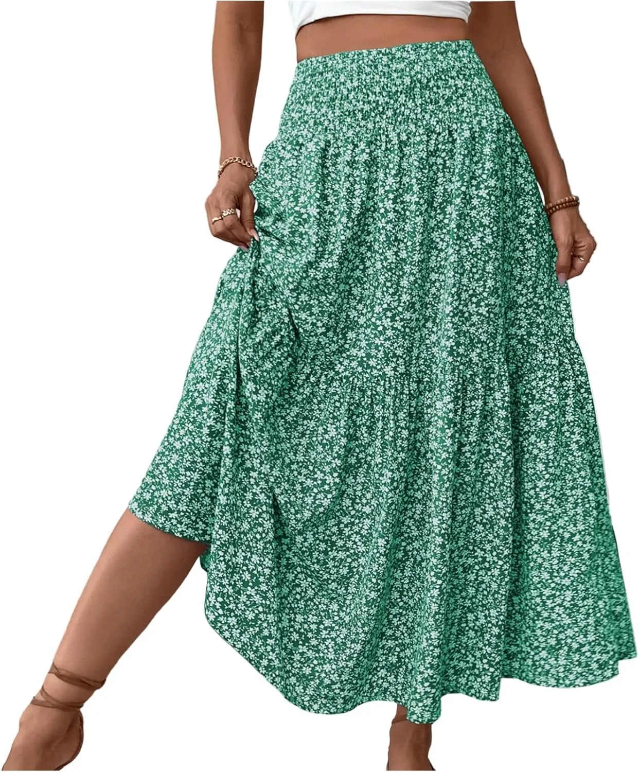 Long Skirts for Women 2025 Summer Floral Print Boho Vacation Skirt Casual Elastic Waist Tiered Skirt with Pocket