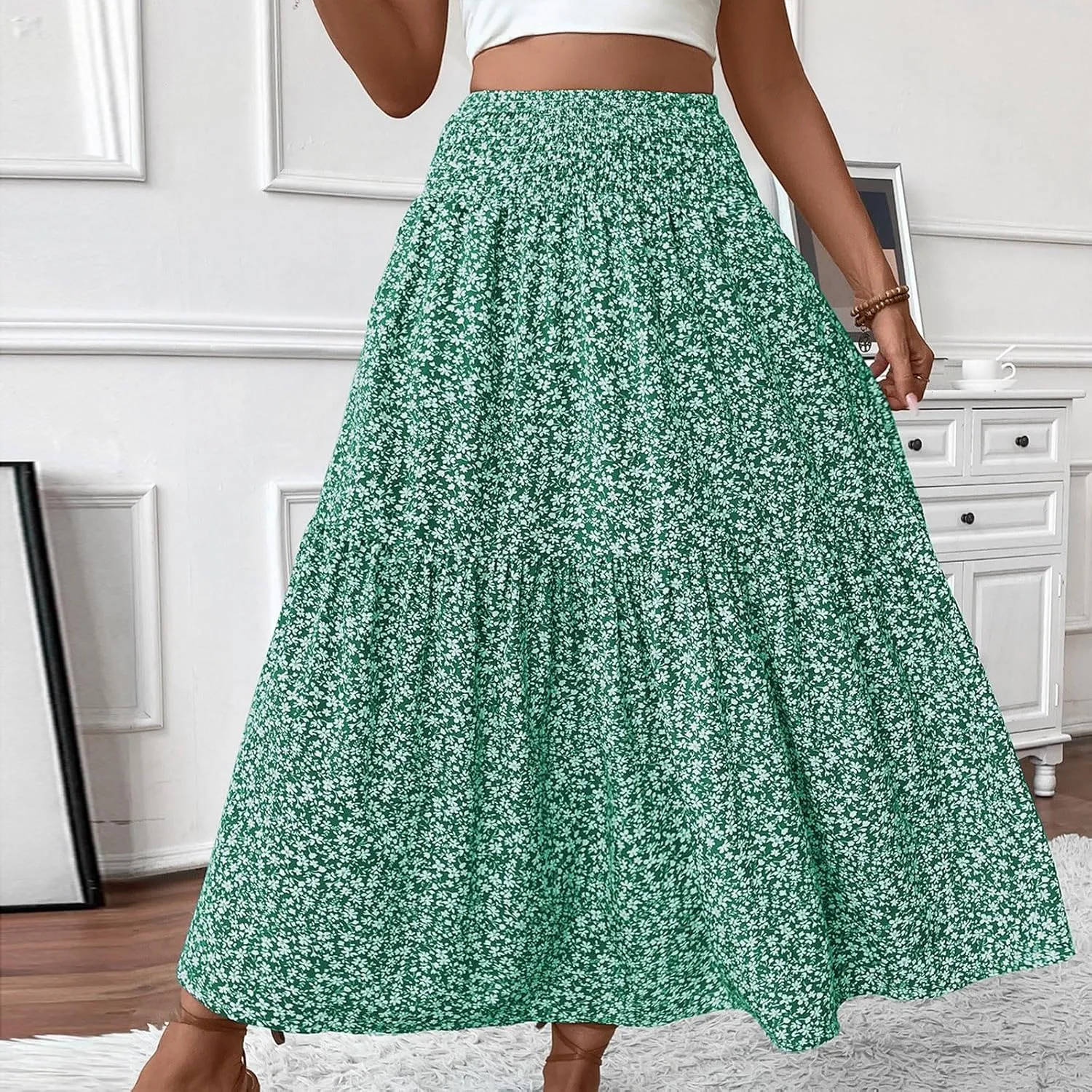 Long Skirts for Women 2025 Summer Floral Print Boho Vacation Skirt Casual Elastic Waist Tiered Skirt with Pocket