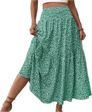 Long Skirts for Women 2025 Summer Floral Print Boho Vacation Skirt Casual Elastic Waist Tiered Skirt with Pocket