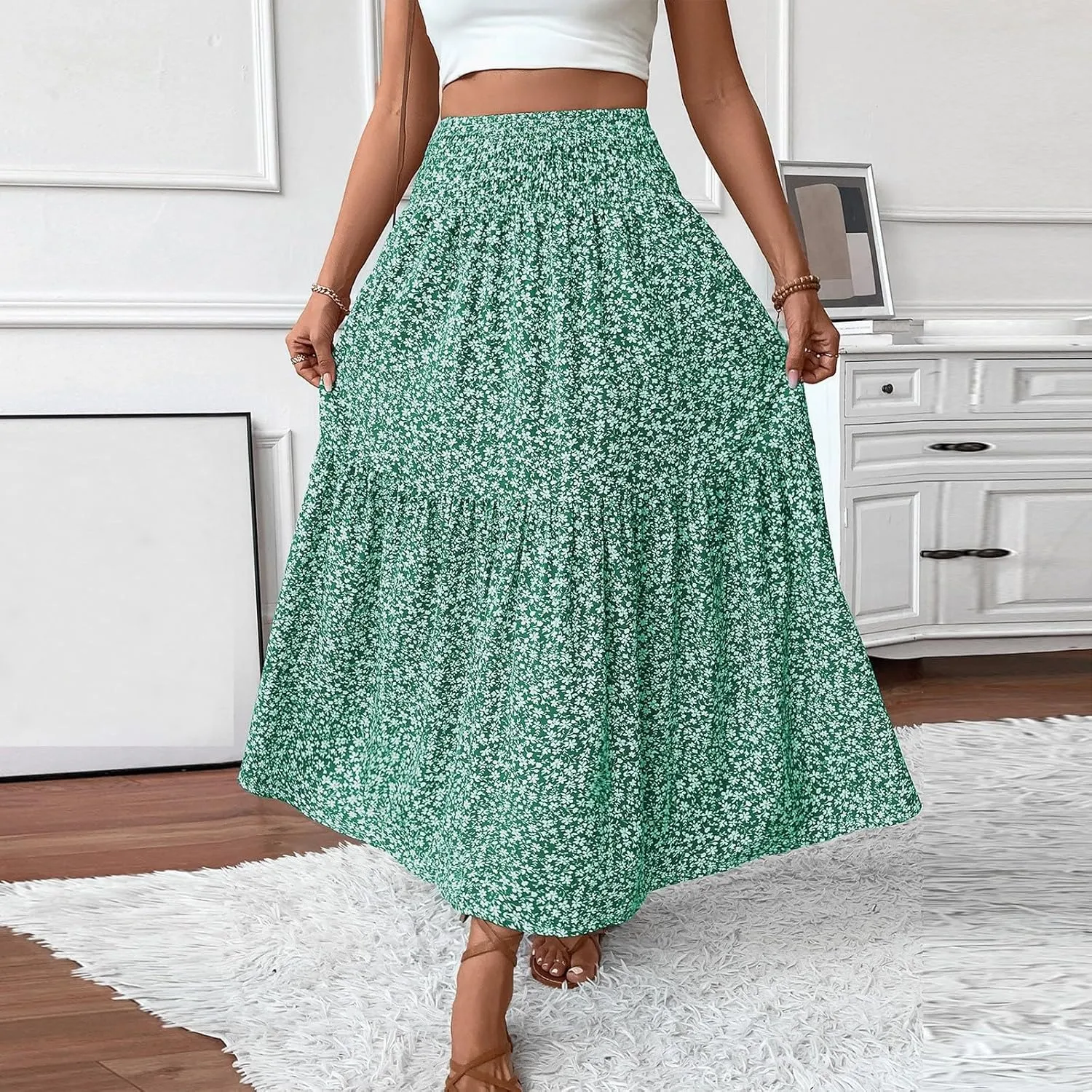 Long Skirts for Women 2025 Summer Floral Print Boho Vacation Skirt Casual Elastic Waist Tiered Skirt with Pocket