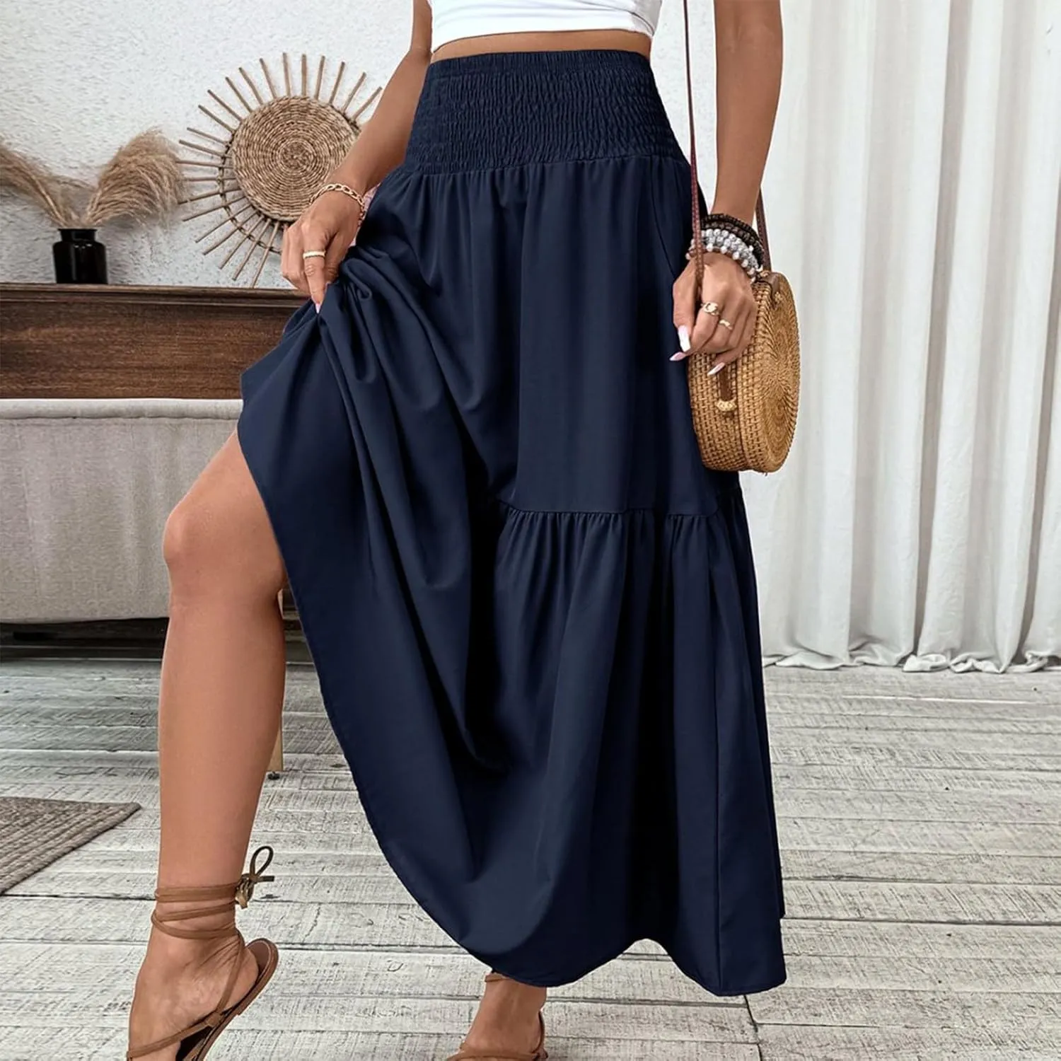 Long Skirts for Women 2025 Summer Floral Print Boho Vacation Skirt Casual Elastic Waist Tiered Skirt with Pocket