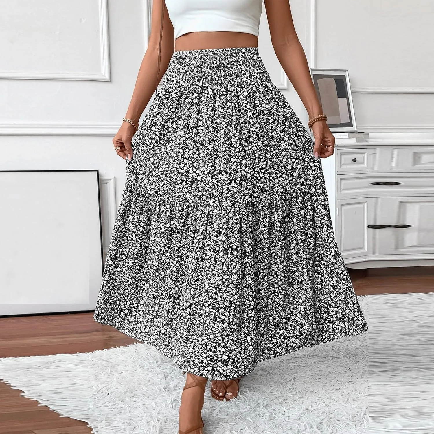 Long Skirts for Women 2025 Summer Floral Print Boho Vacation Skirt Casual Elastic Waist Tiered Skirt with Pocket