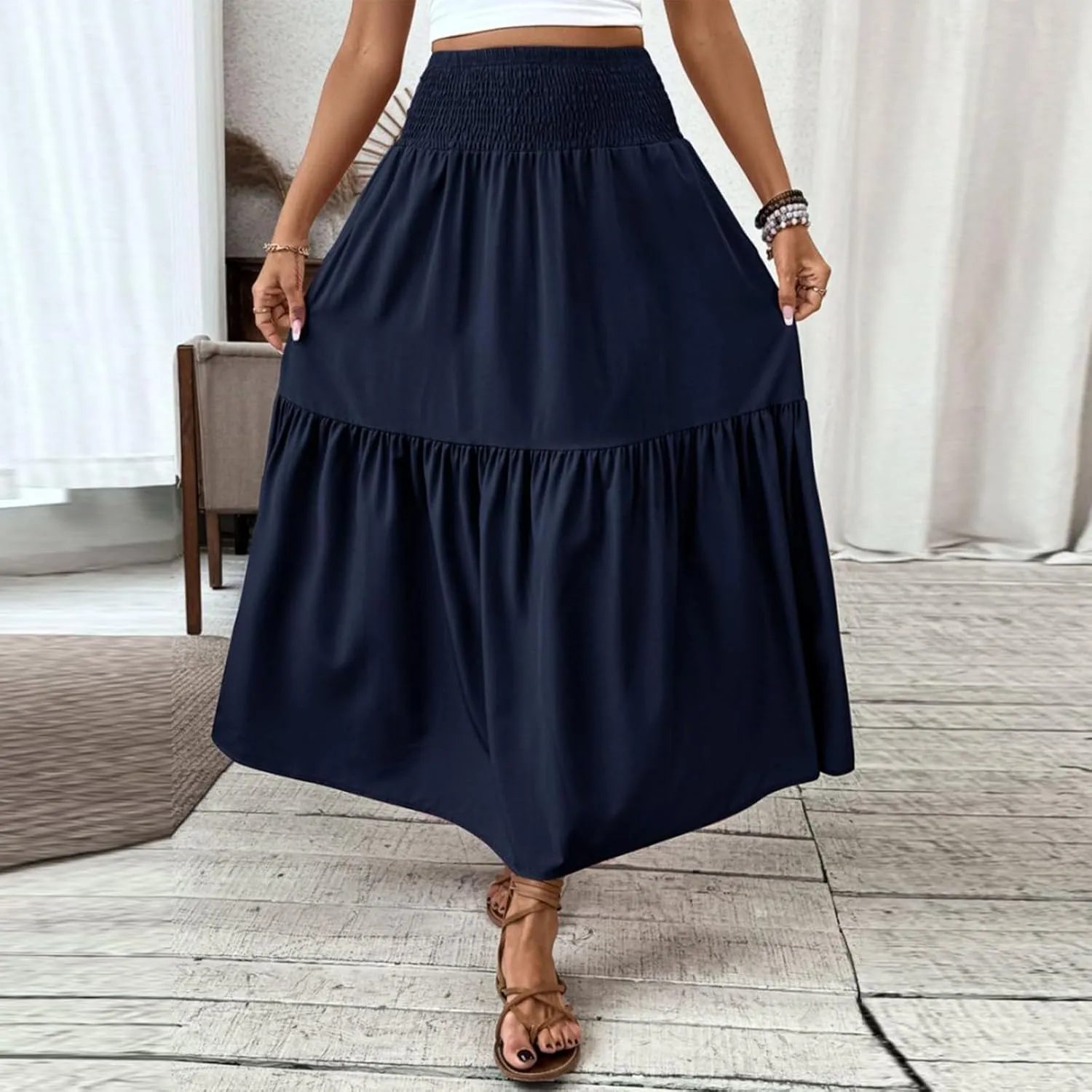 Long Skirts for Women 2025 Summer Floral Print Boho Vacation Skirt Casual Elastic Waist Tiered Skirt with Pocket
