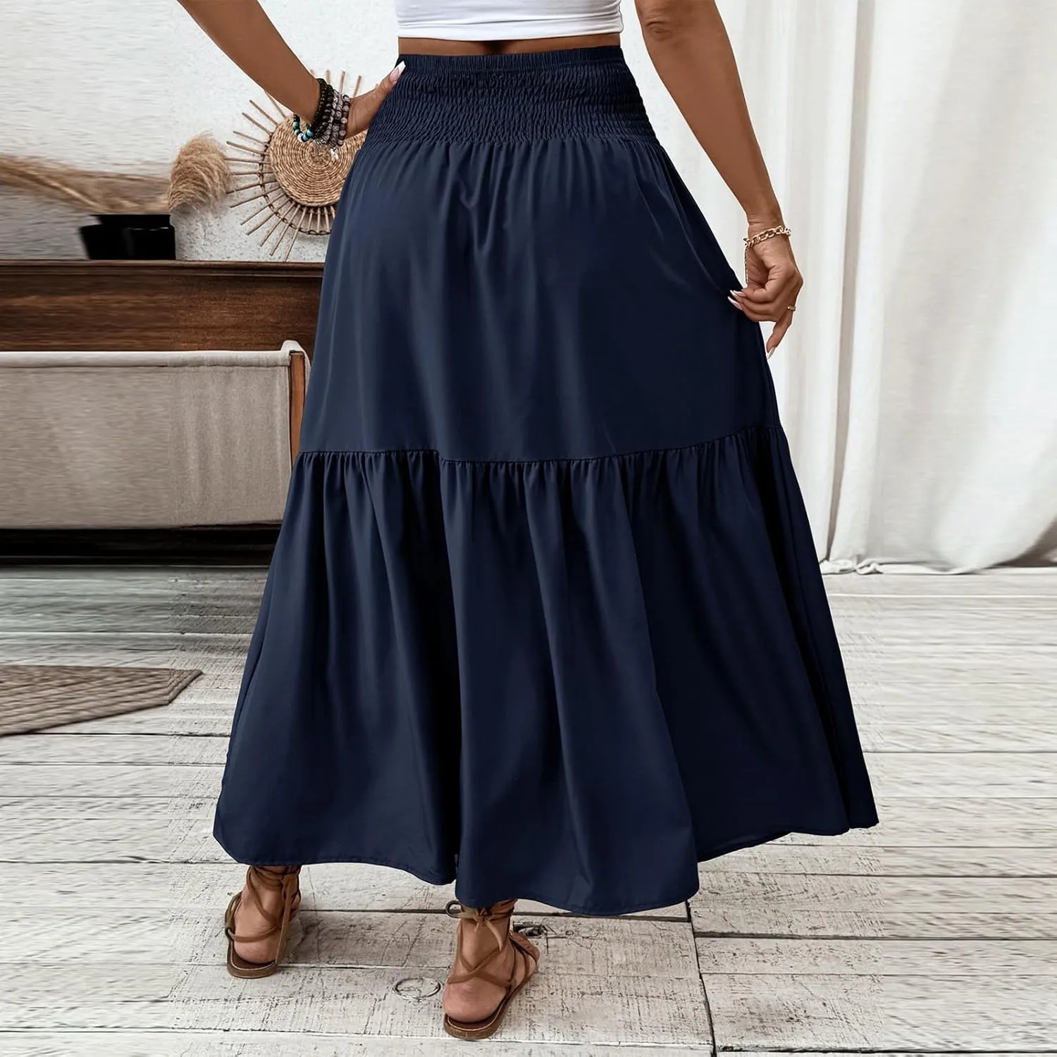Long Skirts for Women 2025 Summer Floral Print Boho Vacation Skirt Casual Elastic Waist Tiered Skirt with Pocket
