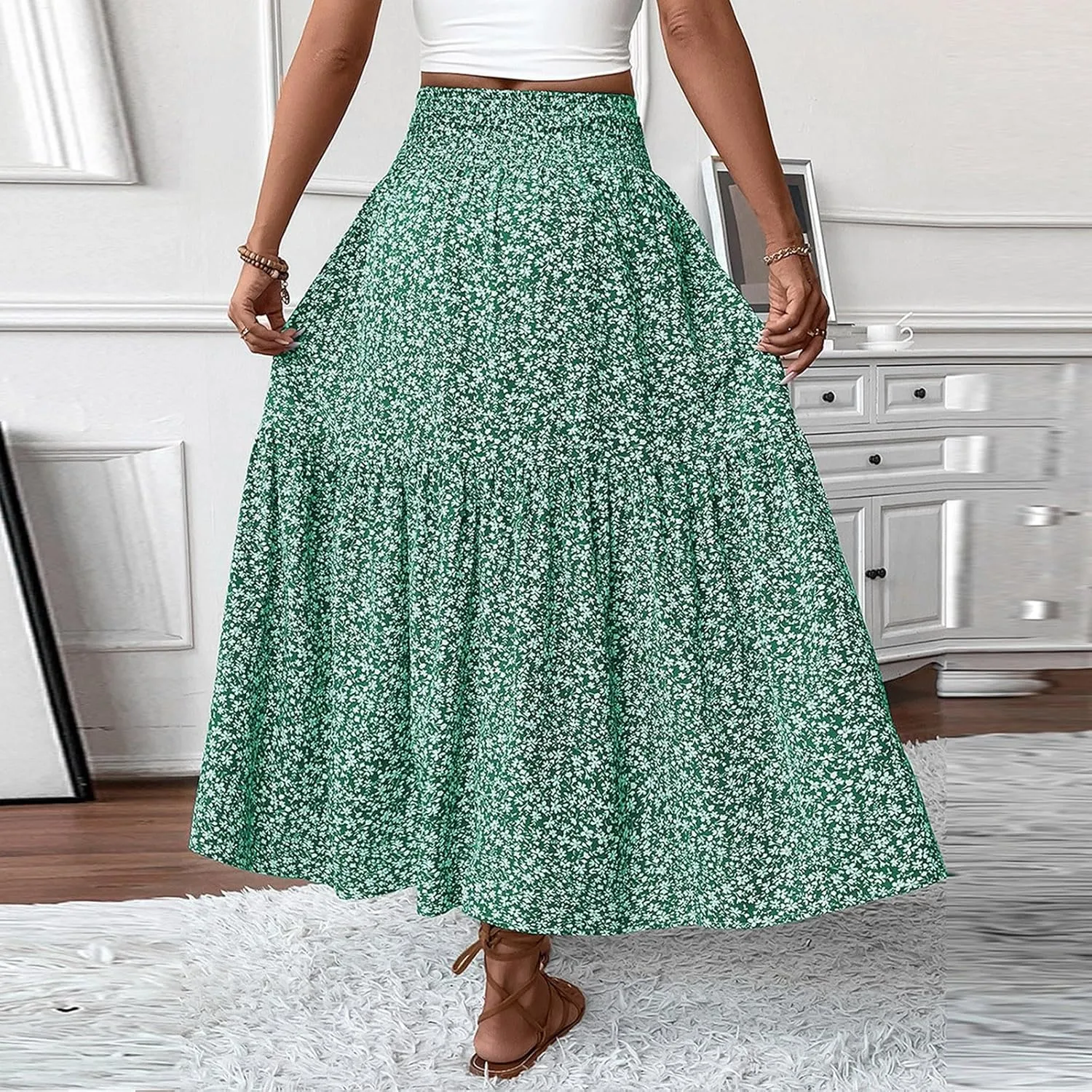 Long Skirts for Women 2025 Summer Floral Print Boho Vacation Skirt Casual Elastic Waist Tiered Skirt with Pocket