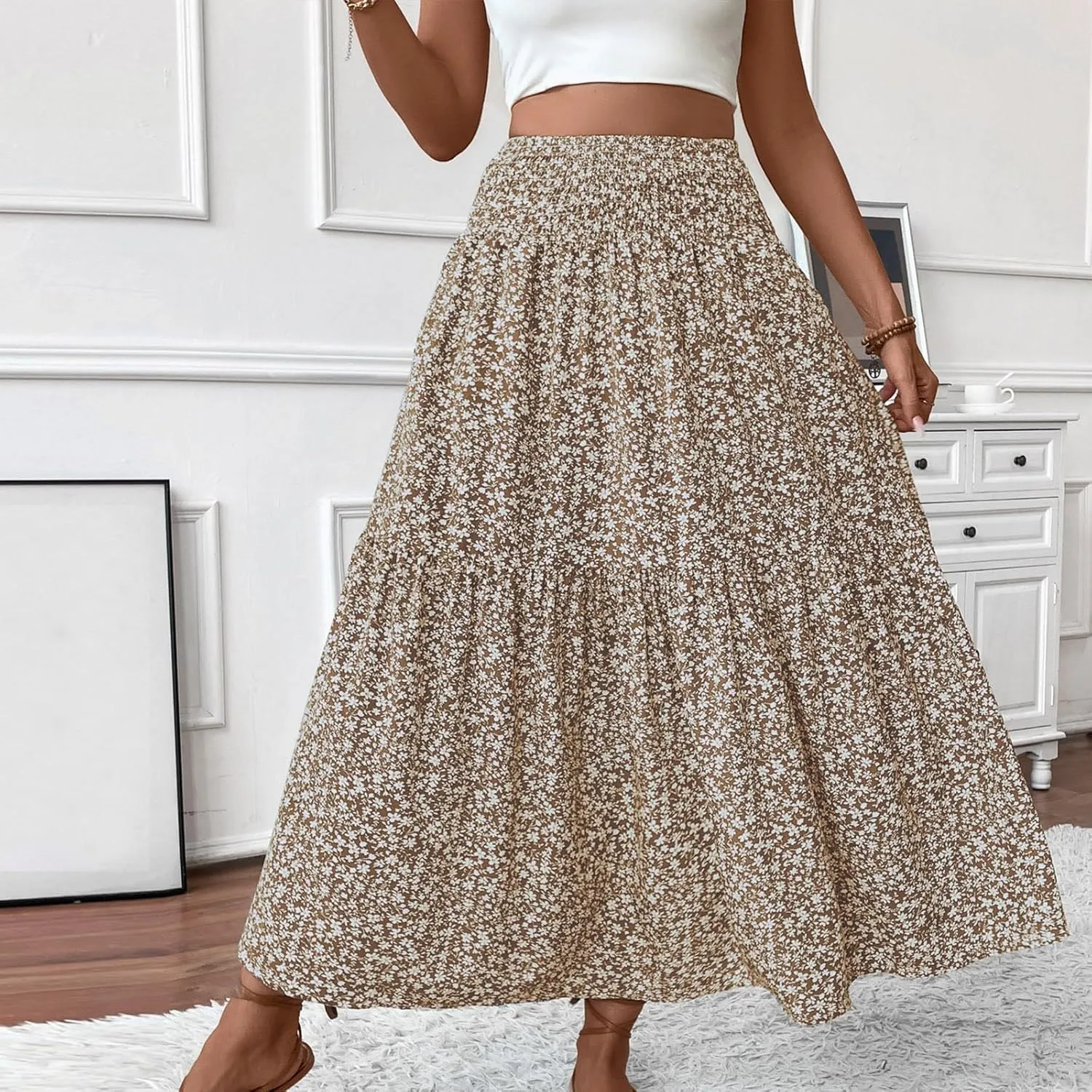 Long Skirts for Women High Waisted Floral Stretchy Dressy Boho Flowy Skirt with Pocket, S-XL
