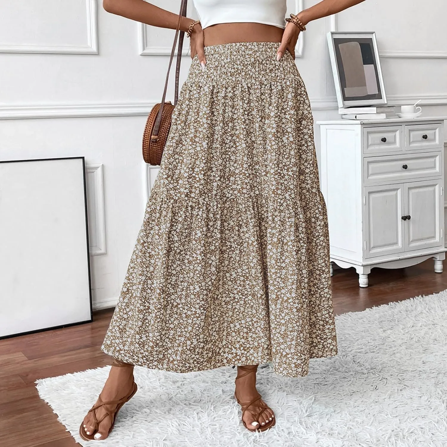 Long Skirts for Women High Waisted Floral Stretchy Dressy Boho Flowy Skirt with Pocket, S-XL