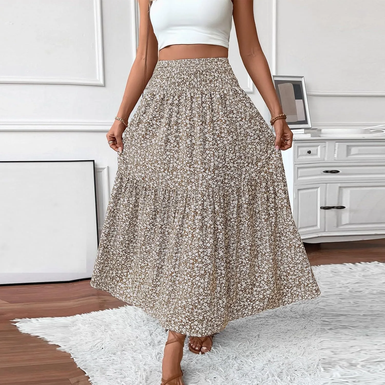 Long Skirts for Women High Waisted Floral Stretchy Dressy Boho Flowy Skirt with Pocket, S-XL