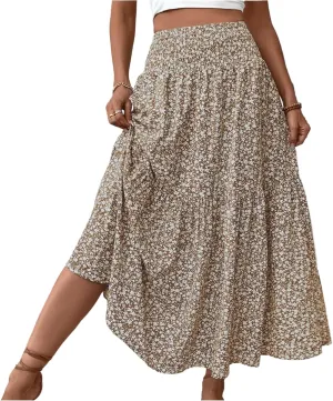 Long Skirts for Women High Waisted Floral Stretchy Dressy Boho Flowy Skirt with Pocket, S-XL