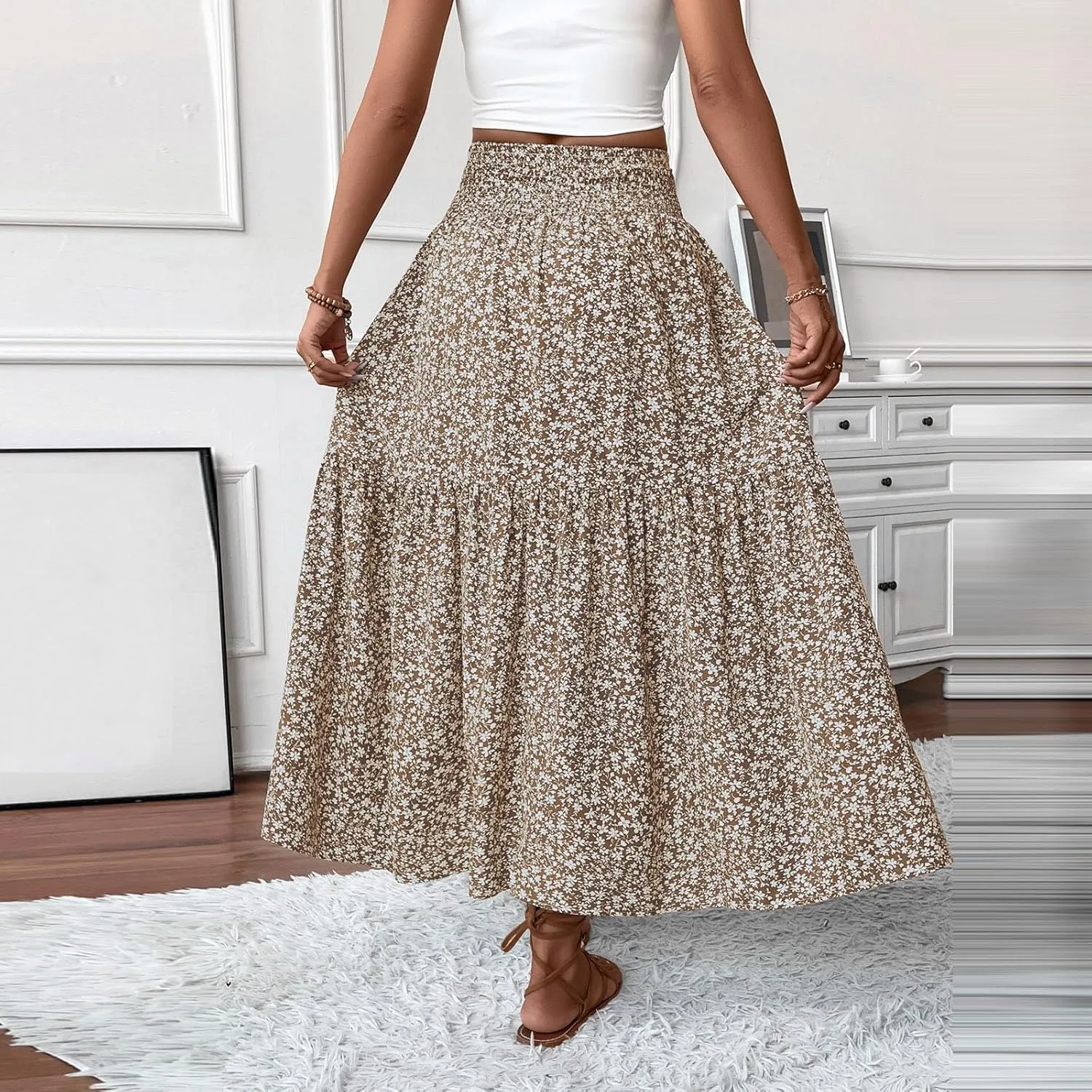 Long Skirts for Women High Waisted Floral Stretchy Dressy Boho Flowy Skirt with Pocket, S-XL