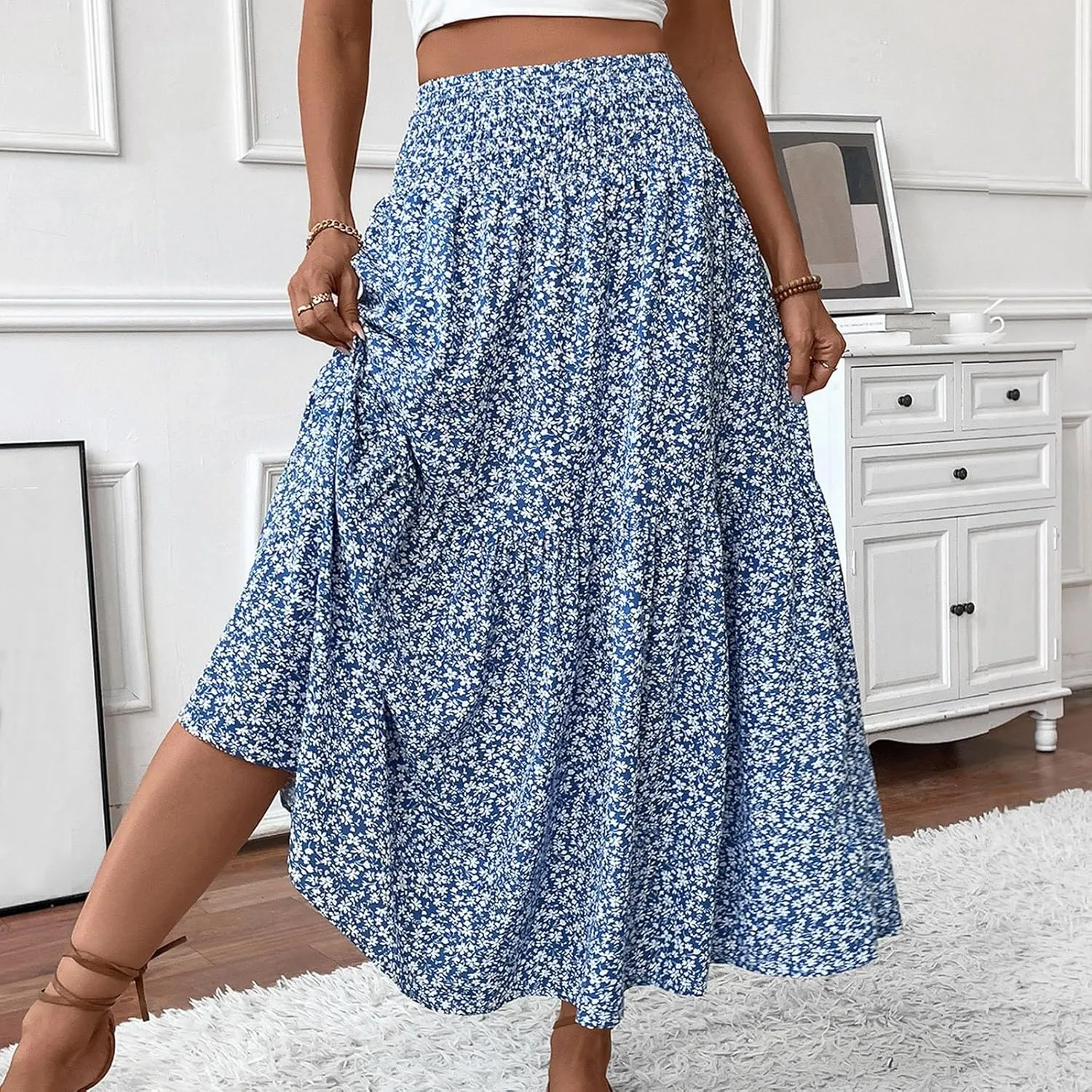 Long Skirts for Women High Waisted Floral Stretchy Dressy Boho Flowy Skirt with Pocket, S-XL