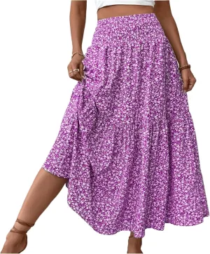 Long Skirts for Women High Waisted Floral Stretchy Dressy Boho Flowy Skirt with Pocket, S-XL