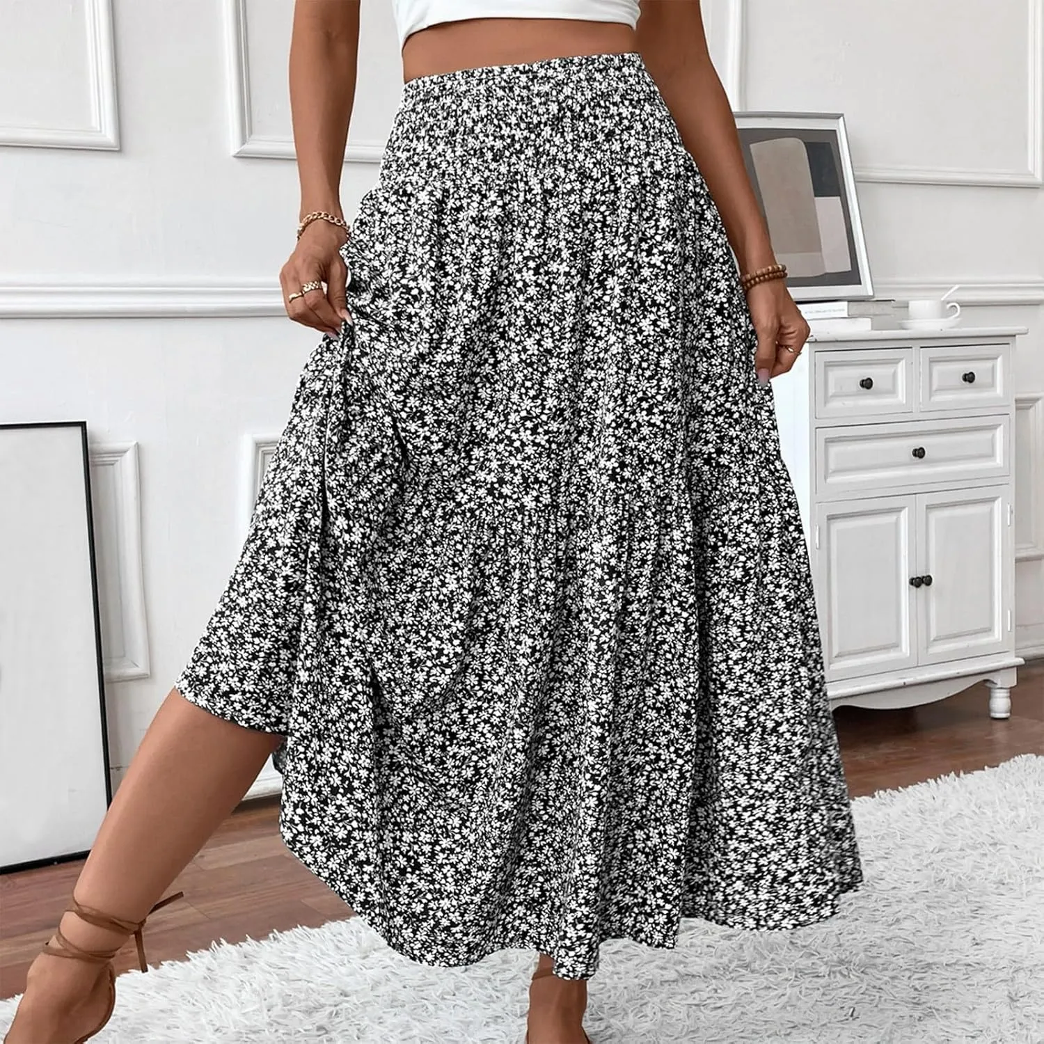 Long Skirts for Women High Waisted Floral Stretchy Dressy Boho Flowy Skirt with Pocket, S-XL