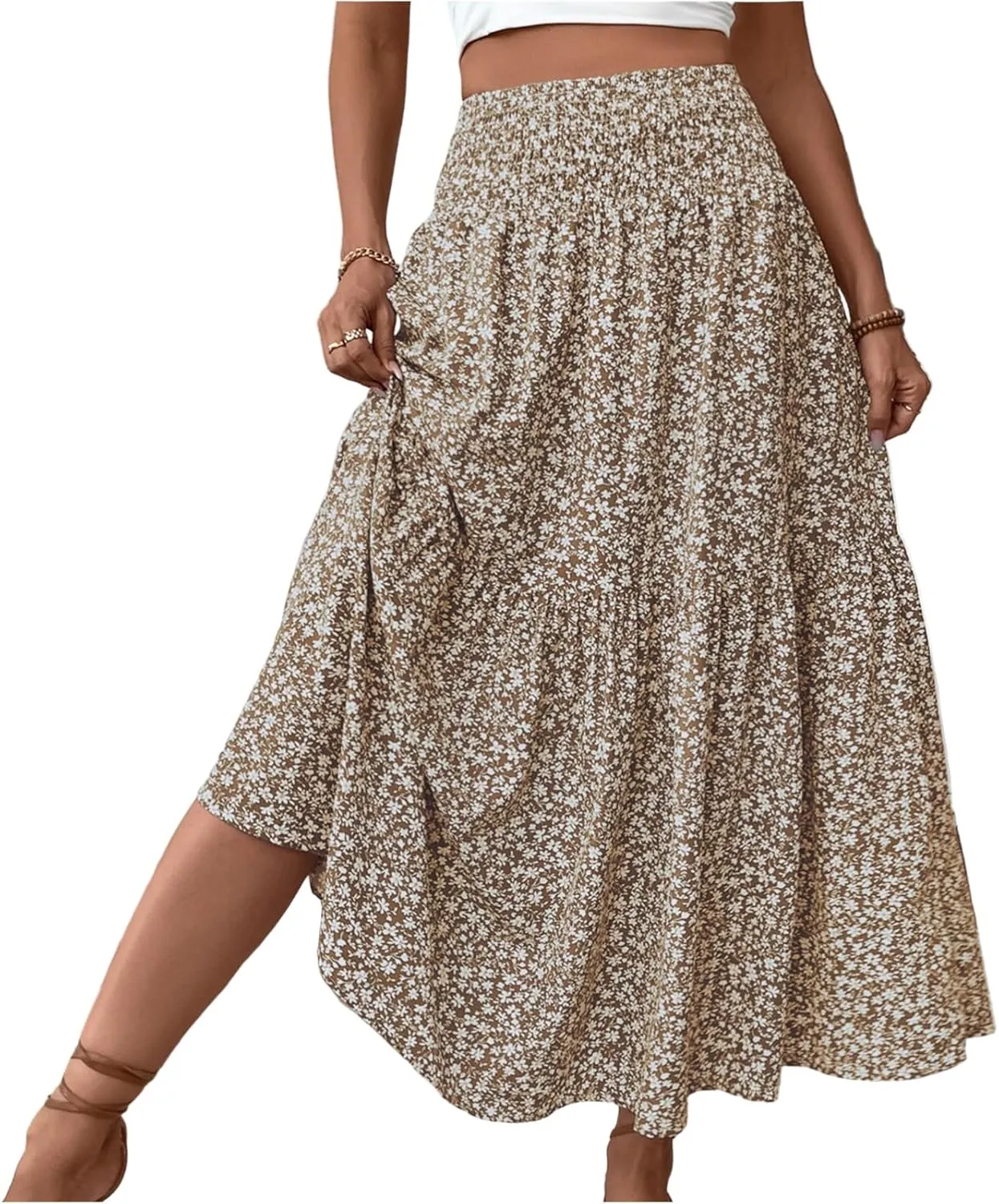 Long Skirts for Women High Waisted Floral Stretchy Dressy Boho Flowy Skirt with Pocket, S-XL