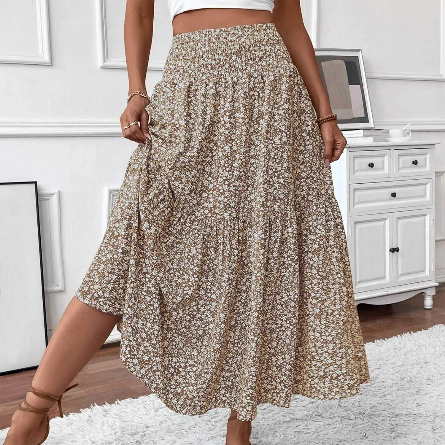 Long Skirts for Women High Waisted Floral Stretchy Dressy Boho Flowy Skirt with Pocket, S-XL