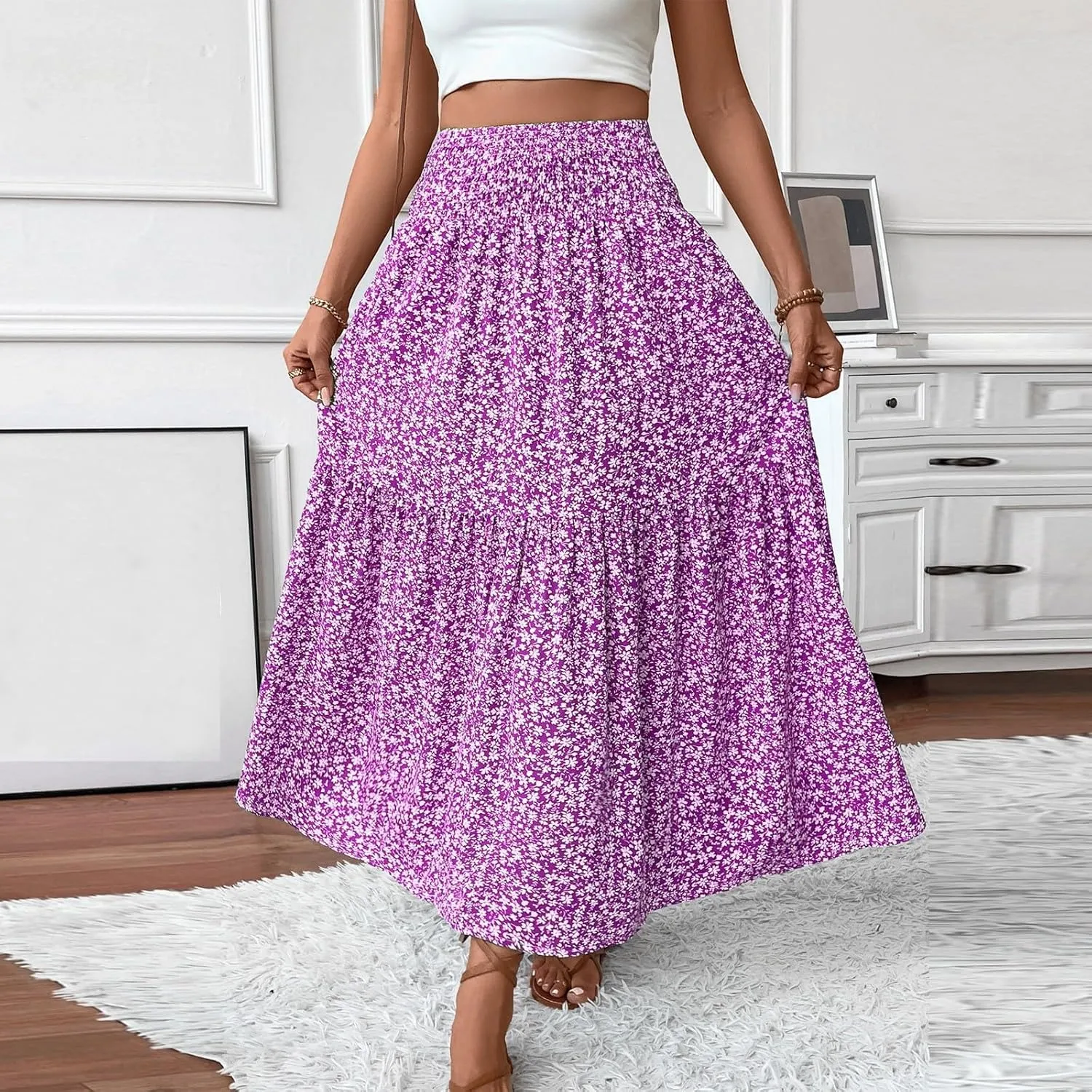 Long Skirts for Women High Waisted Floral Stretchy Dressy Boho Flowy Skirt with Pocket, S-XL
