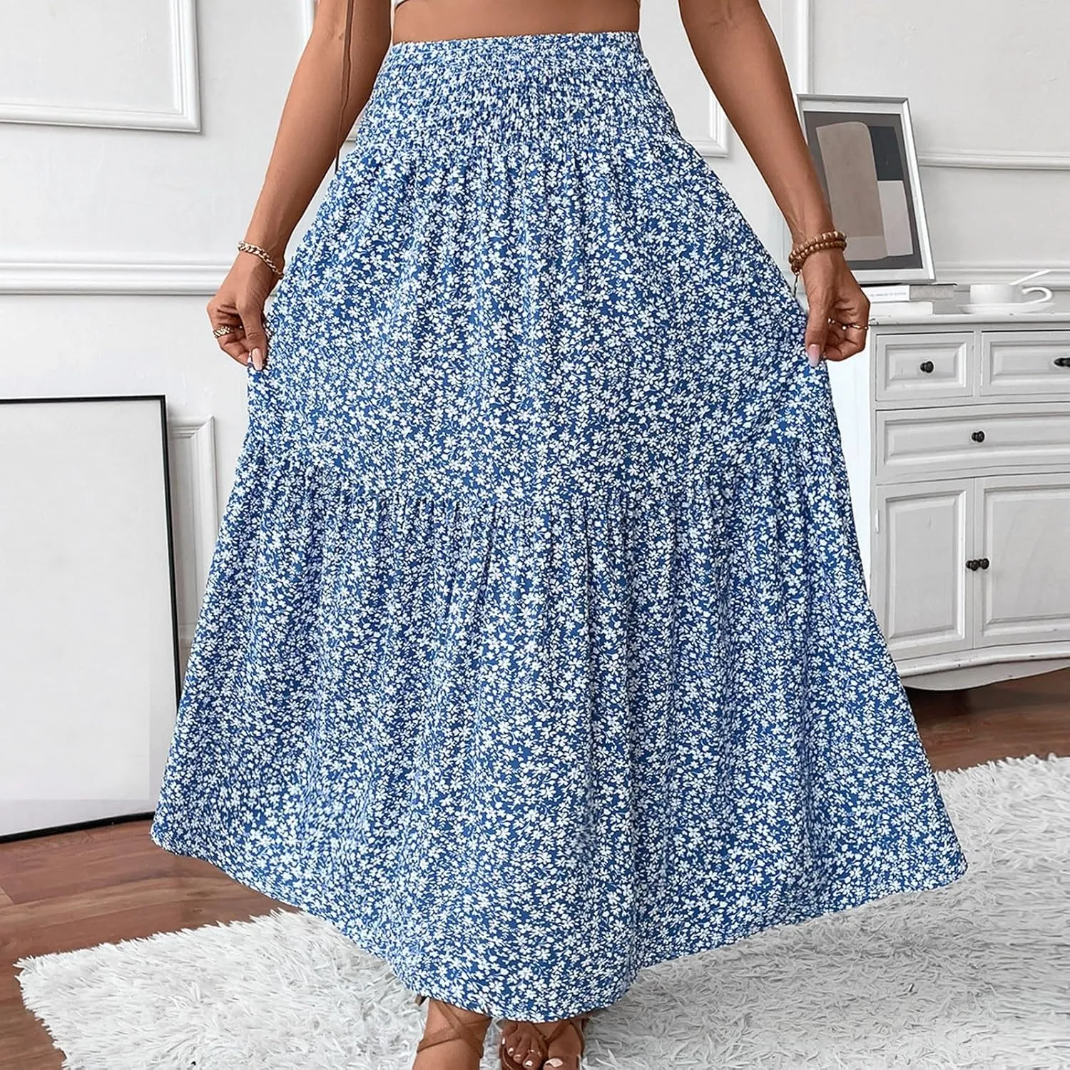 Long Skirts for Women High Waisted Floral Stretchy Dressy Boho Flowy Skirt with Pocket, S-XL