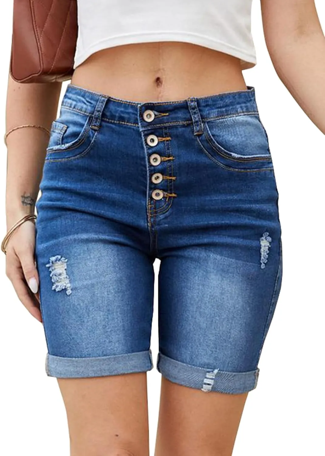 LONGYIDA Jean Bermuda Shorts for Women Knee Length High Waisted Button Fly Ripped Denim Shorts