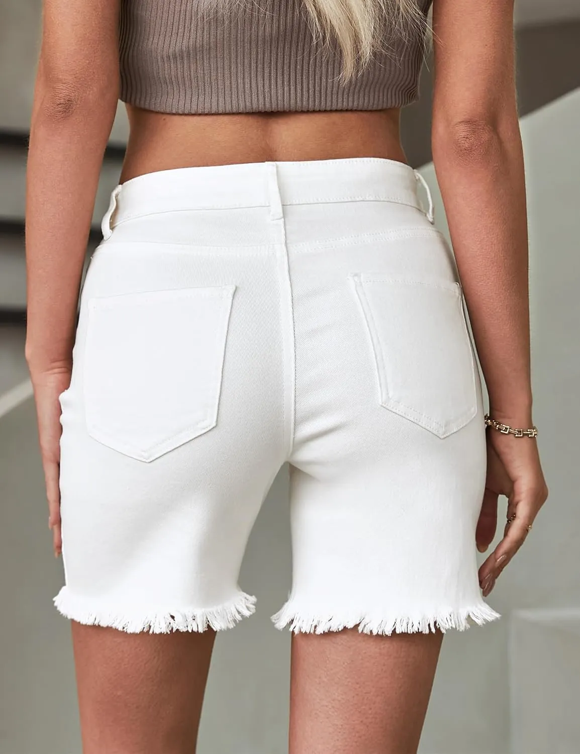 luvamia Jean Shorts for Women High Waisted Trendy Casual Distressed Stretchy Denim Long Shorts Ripped Raw Hem Shorts
