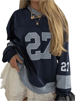 MakeMeChic Women's Oversized Letter Graphic Tee Y2k Colorblock Crew Neck Long Sleeve T Shirt
