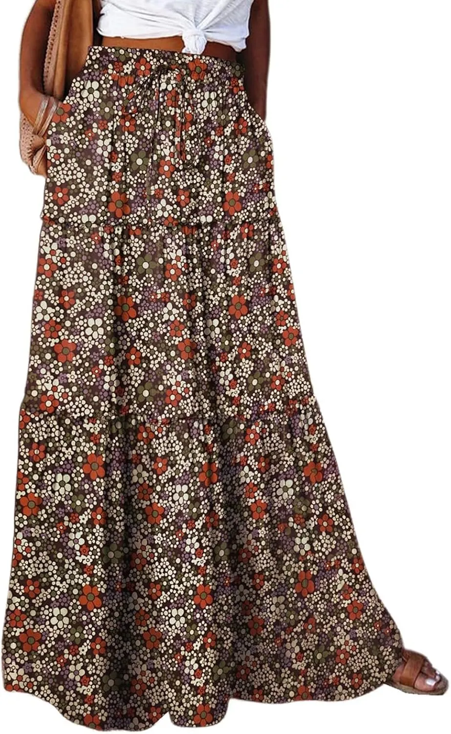 Maxi Skirts for Women Boho Floral Tiered Skirt with Pocket 2025 Summer Elastic Waist Vacation A-Line Long Skirts