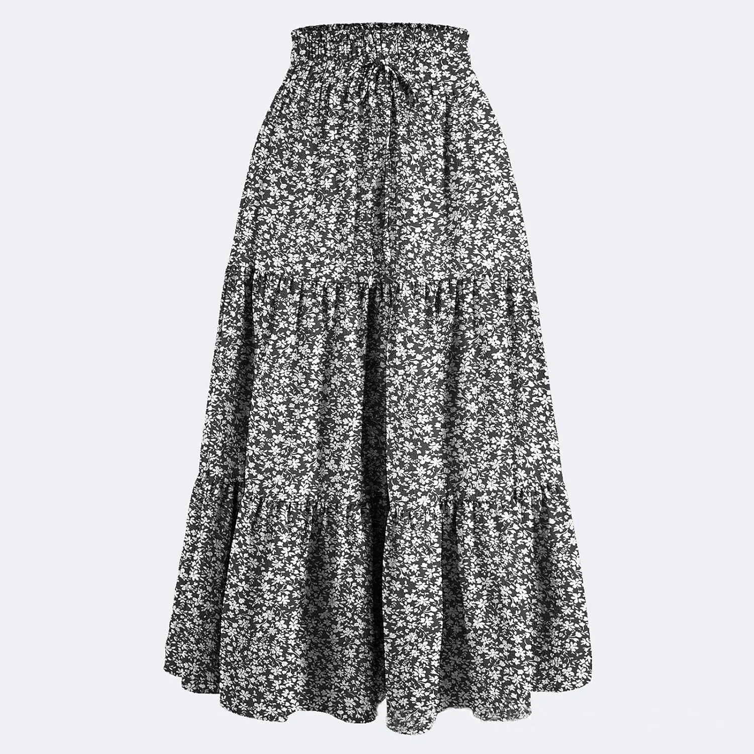 Maxi Skirts for Women High Waisted Tiered A Line Long Skirt Drawstring Flowy Floral Pleated Summer Skirt with Pockets