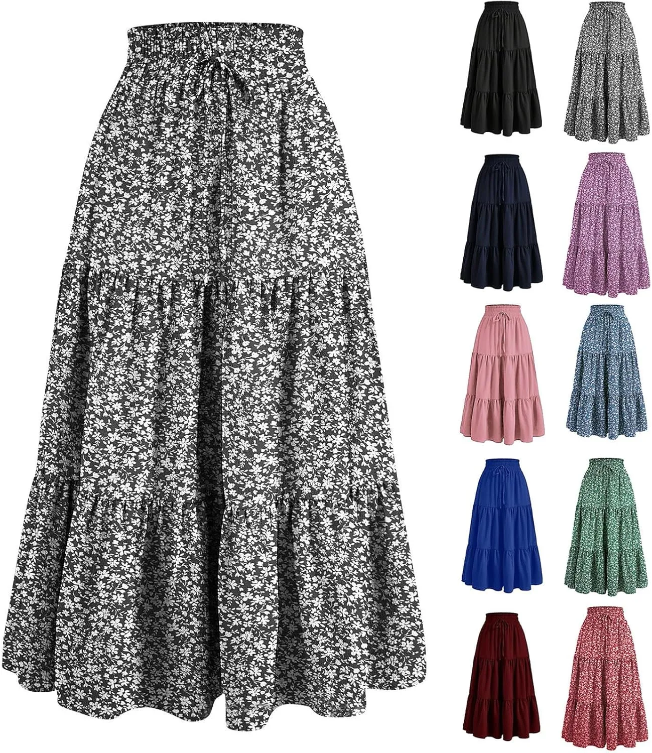 Maxi Skirts for Women High Waisted Tiered A Line Long Skirt Drawstring Flowy Floral Pleated Summer Skirt with Pockets
